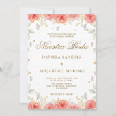 Invitation Orange Floral Or Nuestra Boda Mariage espagnol (Devant)