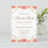 Invitation Orange Floral Or Nuestra Boda Mariage espagnol (Debout devant)