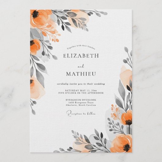 Invitation Orange Floral Painterly Wedding (Devant)