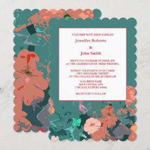 Invitation Orange Floral Pêche Vert Fleurs Feuilles Mariage A