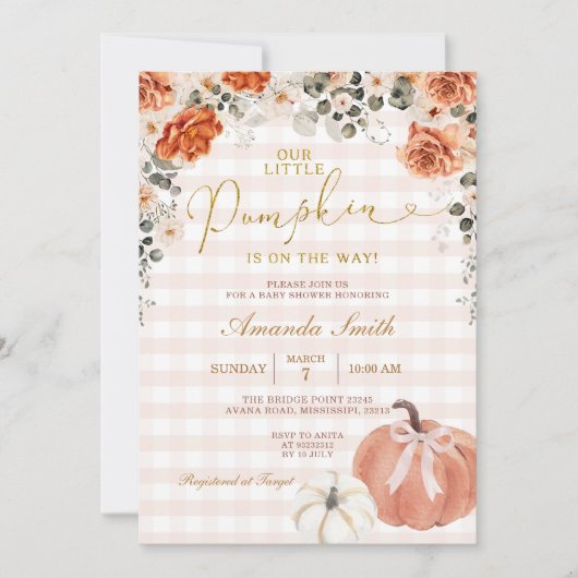 Invitation Orange Floral Petit Citrouille En vichy Baby showe (Devant)