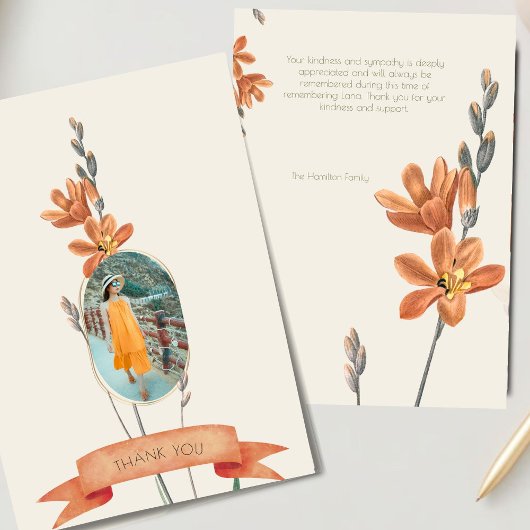 Invitation Orange Floral Photo Funéraire Sympathie Merci