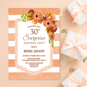 Invitation Orange Floral rayé Surprise 30e anniversaire