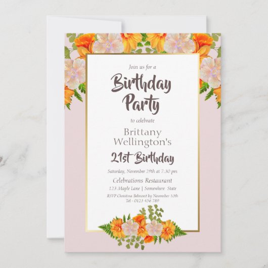 Invitation Orange Floral rose 21e fête d'anniversaire (Devant)