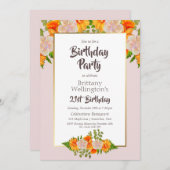 Invitation Orange Floral rose 21e fête d'anniversaire (Devant / Derrière)