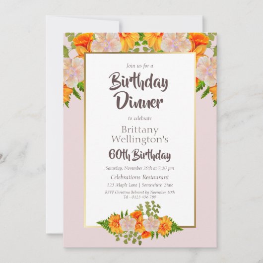 Invitation Orange Floral Rose Frame 60e anniversaire (Devant)