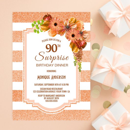 Invitation Orange Floral Surprise 90e anniversaire Diner Part