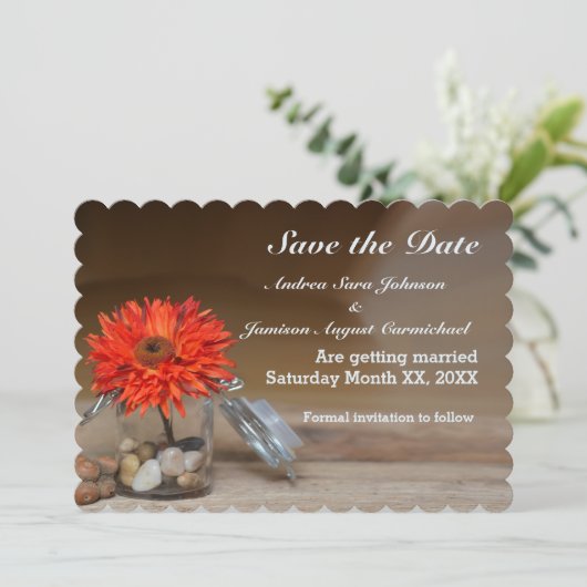 Invitation Orange Flower in Mason Jar Enregistrer la date (Debout devant)