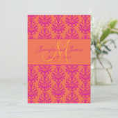 Invitation orange fuchsia de mariage damassé (Debout devant)
