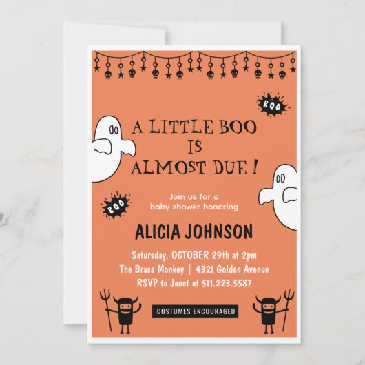 Invitation Orange Ghosts Little bot baby shower d'Halloween (Devant)