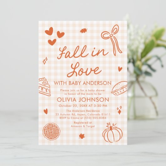 Invitation Orange Gingham Hand Drawn Fall in Love Baby Shower (Debout devant)