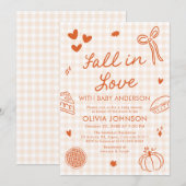 Invitation Orange Gingham Hand Drawn Fall in Love Baby Shower (Devant / Derrière)