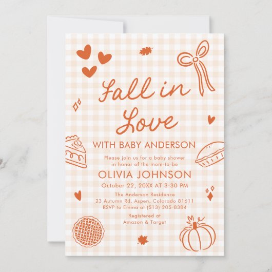 Invitation Orange Gingham Hand Drawn Fall in Love Baby Shower (Devant)