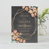 Invitation Orange Gold Black Floral Terrarium fête d'annivers (Debout devant)