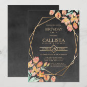 Invitation Orange Gold Black Floral Terrarium fête d'annivers (Devant / Derrière)