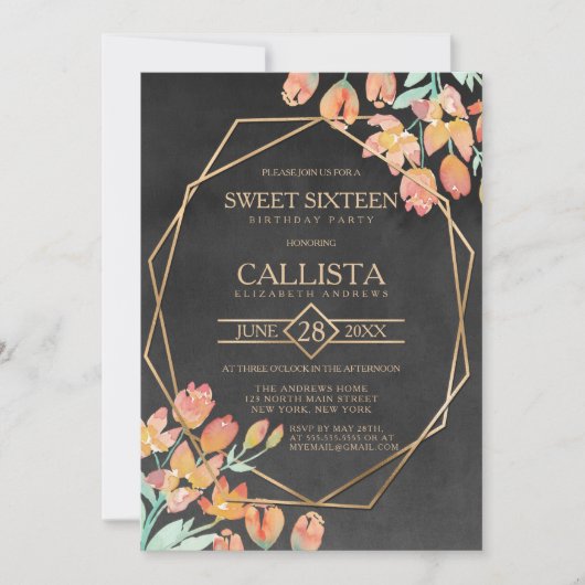 Invitation Orange Gold Black Floral Terrarium Sweet 16 (Devant)
