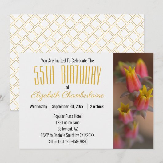 Invitation Orange Gold Floral Succulent 55e fête d'anniversai (Devant / Derrière)