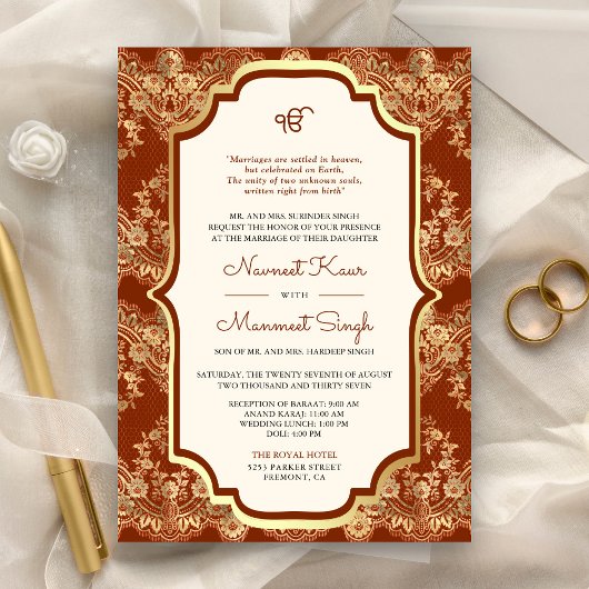 Invitation Orange Gold Lace QR Code Anand Karaj Sikh Mariage
