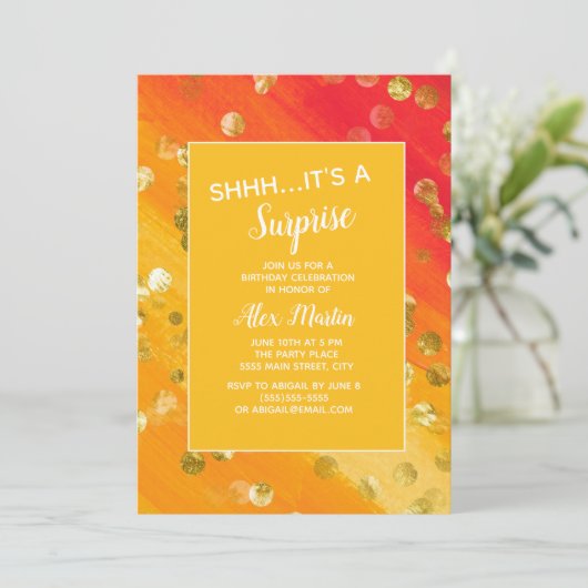 Invitation Orange Gold Parties scintillant Surprise fête d'an (Debout devant)