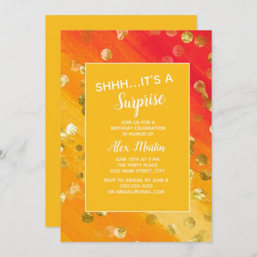 Invitation Orange Gold Parties scintillant Surprise fête d'an (Devant / Derrière)