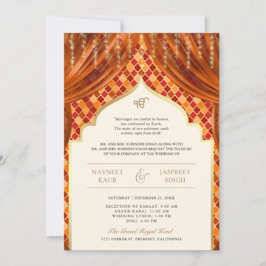 Invitation Orange Gold Quatrefoil QR Code Sikh Mariage (Devant)
