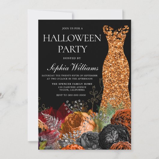 Invitation Orange Gown & Floral Automne Halloween Party (Devant)