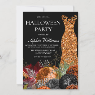 Invitation Orange Gown & Floral Automne Halloween Party