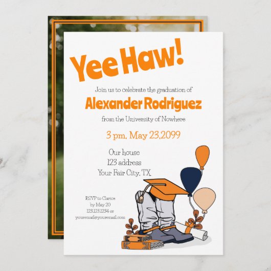 Invitation Orange Graduation Cap Cowboy Boot Arrangement (Devant / Derrière)