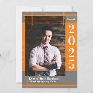 Invitation Orange Grey School Colour Graduation Photo Plaid