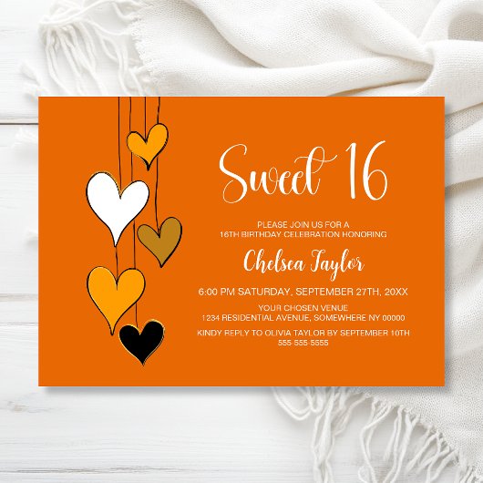 Invitation Orange Heart Theme Sweet 16 Birthday