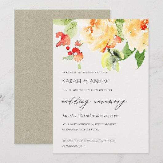 INVITATION ORANGE JAUNE ROSE ROSE ROSE ROSE MARIAGE FLORAL (Devant / Derrière)