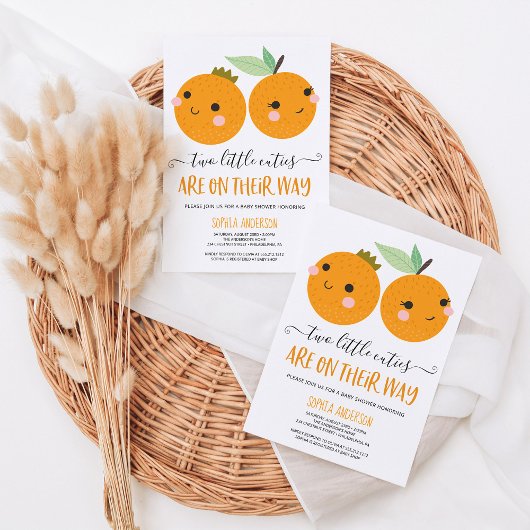 Invitation Orange Little Cutie Citrus Baby shower Twin modern
