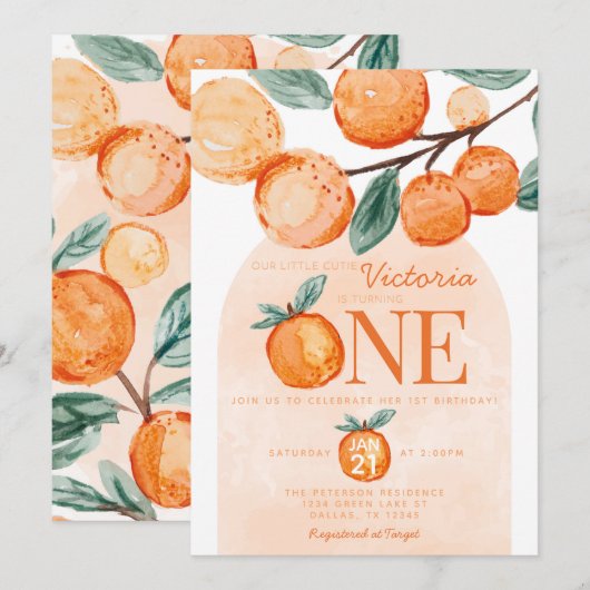 Invitation Orange Little Cutie tourné UNE 1ère fête d'anniver (Devant / Derrière)