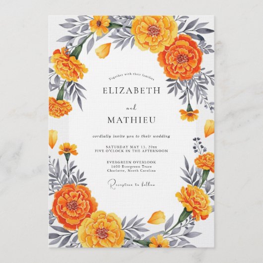 Invitation Orange Marigold Bloom Romantic Wedding (Devant)
