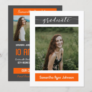 Invitation Orange Moderne Bloc 3-Photo Graduation