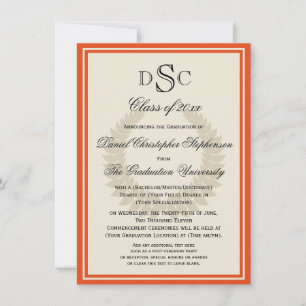 Invitation Orange Monogram Laurel Classic College Graduation