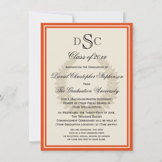 Invitation Orange Monogram Laurel Classic College Graduation (Devant)