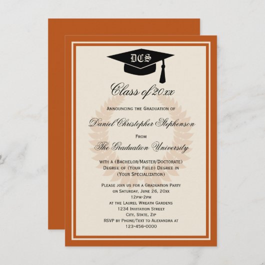 Invitation Orange Monogram Laurel Classic College Graduation (Devant / Derrière)