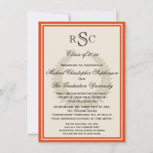 Invitation Orange Monogram Laurel Classic College Graduation