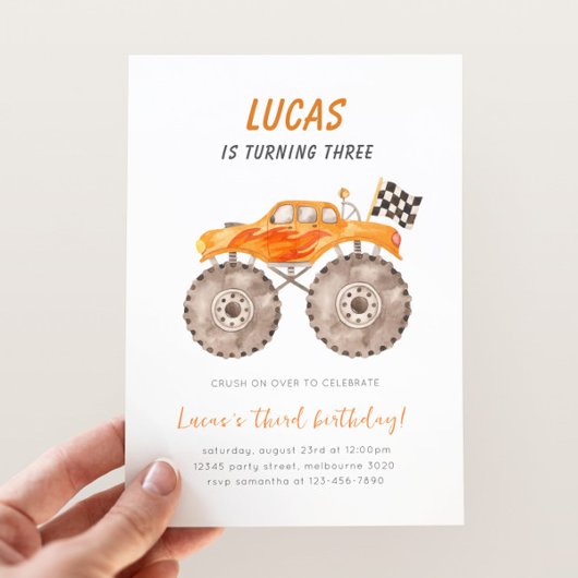 Invitation Orange Monster Truck Any Age Birthday