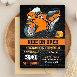 Invitation Orange Motorcycle Racing Anniversaire de enfant In