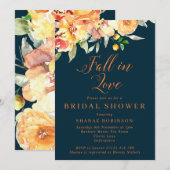 Invitation Orange & Navy Floral Fall in Love Fête des mariées (Devant / Derrière)