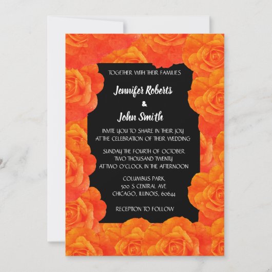 Invitation Orange noir Floral QR Code Rose Fleurs Mariage (Devant)