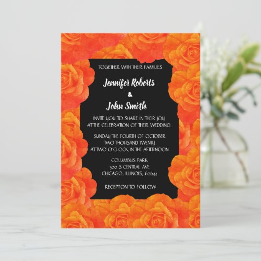 Invitation Orange noir Floral QR Code Rose Fleurs Mariage (Debout devant)