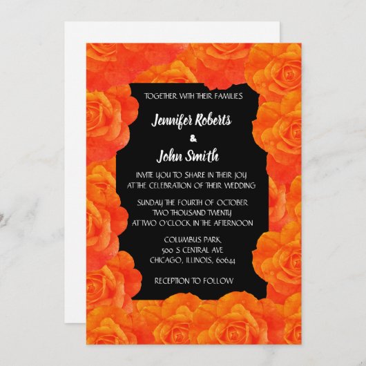 Invitation Orange noir Floral QR Code Rose Fleurs Mariage (Devant / Derrière)
