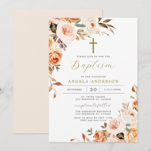 Invitation Orange Peach Baptême/Invitation Christening (Devant / Derrière)