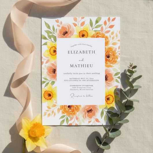 Invitation Orange Peach Painterly Blossom Wedding