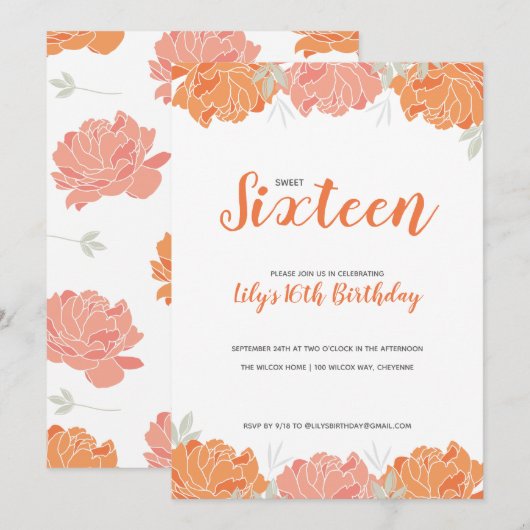 Invitation Orange & Peach Peonies Sweet 16 Anniversaire (Devant / Derrière)