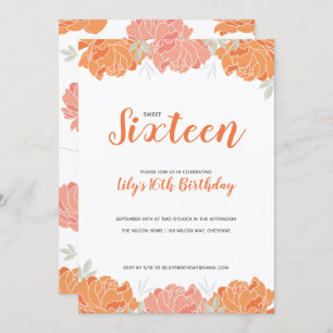 Invitation Orange & Peach Peonies Sweet 16 Anniversaire