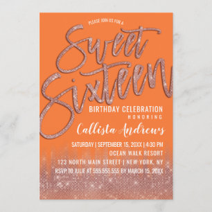 Invitation Orange Peel Rose Parties scintillant or Typographi